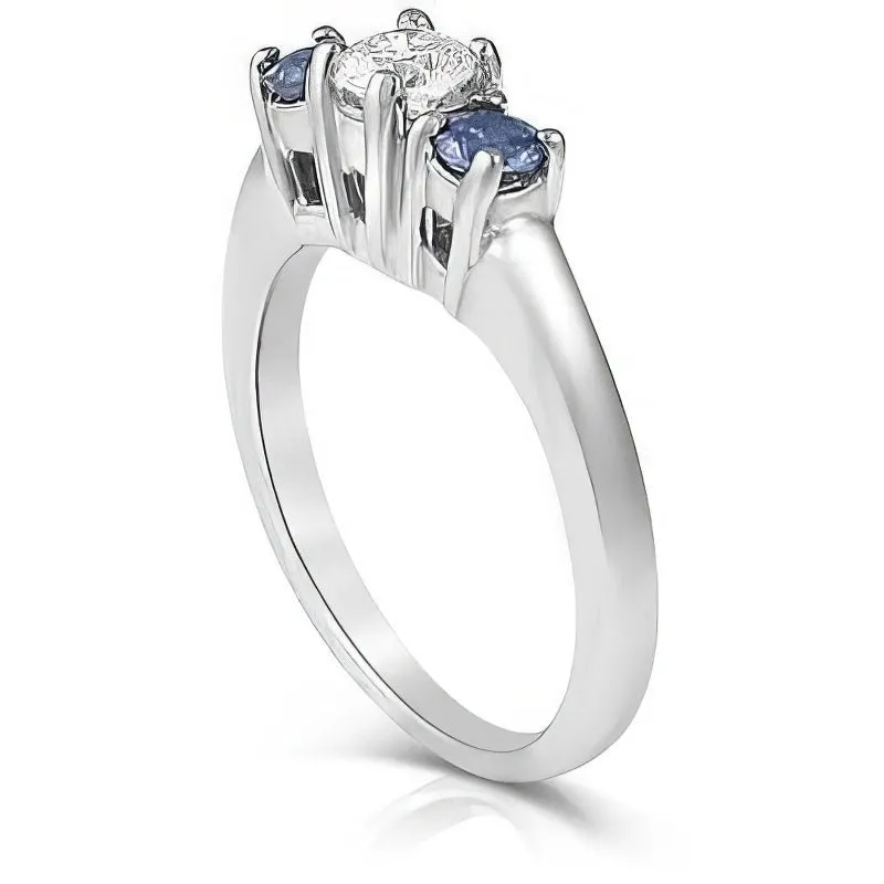 0.90 CT Round Cut Blue Sapphires & Diamonds - Three Stone Ring