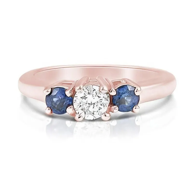 0.90 CT Round Cut Blue Sapphires & Diamonds - Three Stone Ring