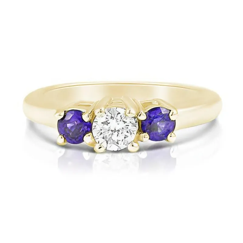 0.90 CT Round Cut Blue Sapphires & Diamonds - Three Stone Ring