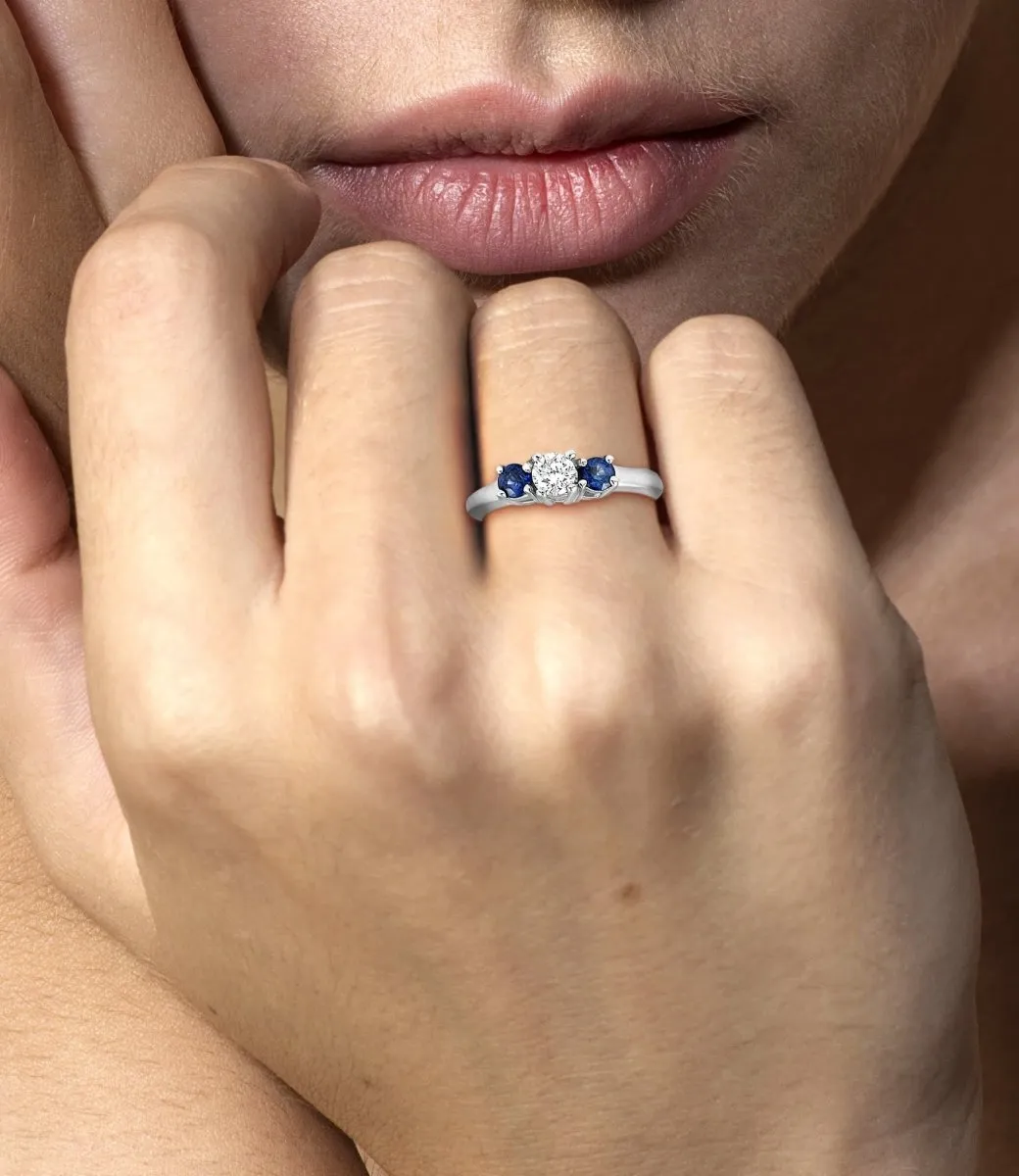 0.90 CT Round Cut Blue Sapphires & Diamonds - Three Stone Ring