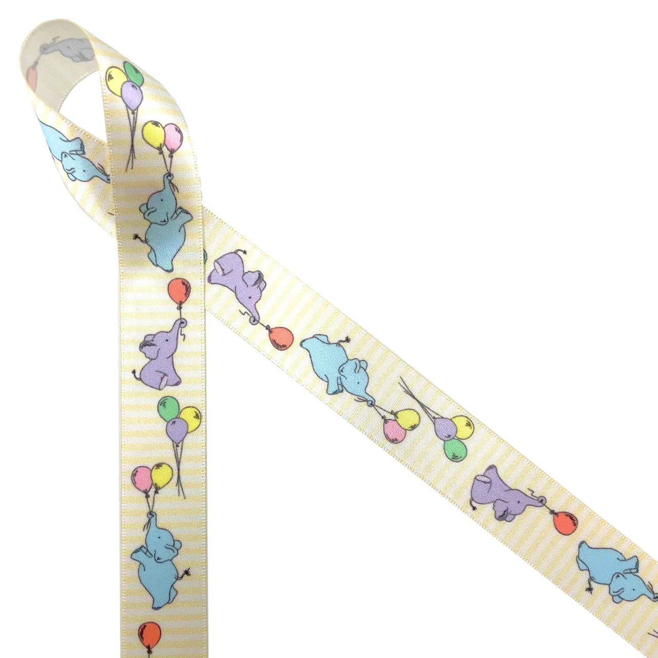 Baby elephants with Balloons Ribbon printed on 7/8" White single face satin