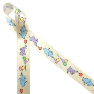 Baby elephants with Balloons Ribbon printed on 7/8" White single face satin