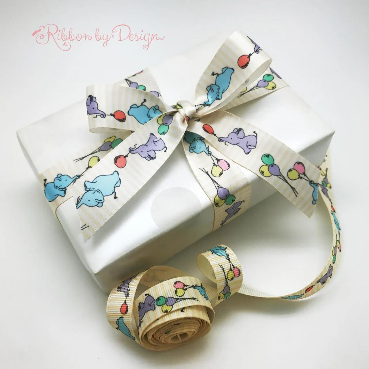 Baby elephants with Balloons Ribbon printed on 7/8" White single face satin