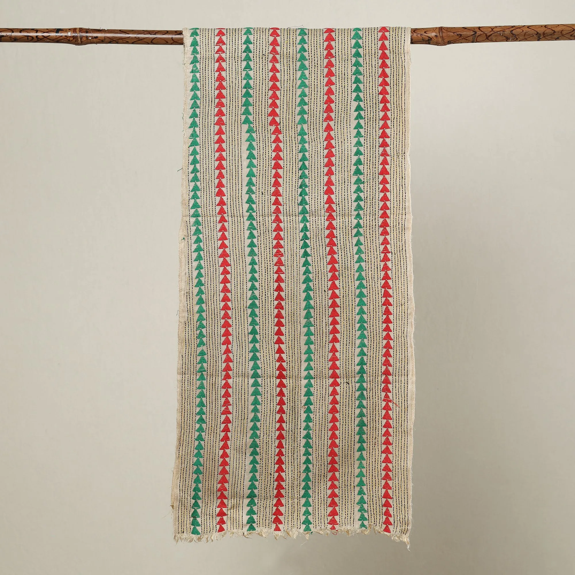 beige - Bengal Kantha Hand Embroidery Munga Silk Handloom Stole 07