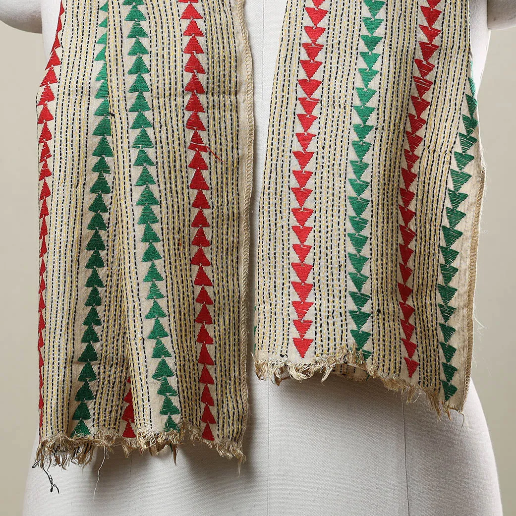 beige - Bengal Kantha Hand Embroidery Munga Silk Handloom Stole 07