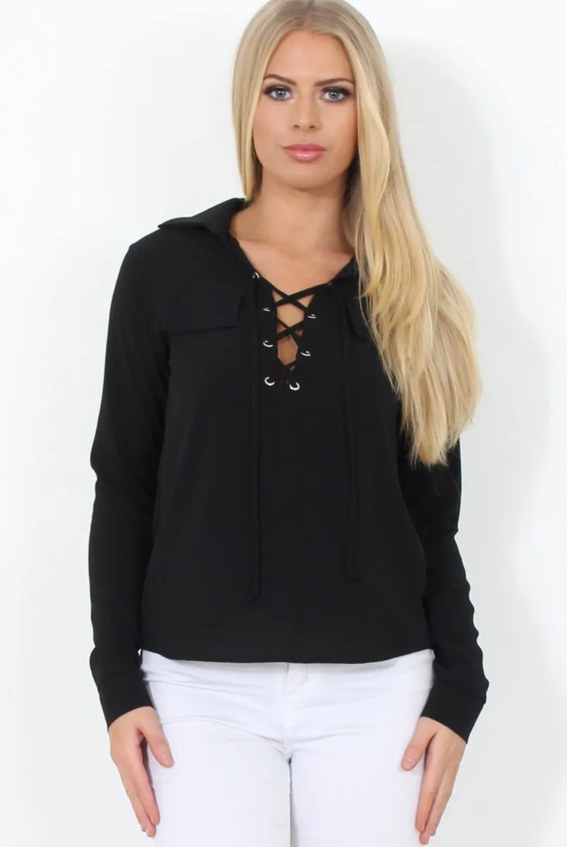 Black Tie Front Blouse - Becky