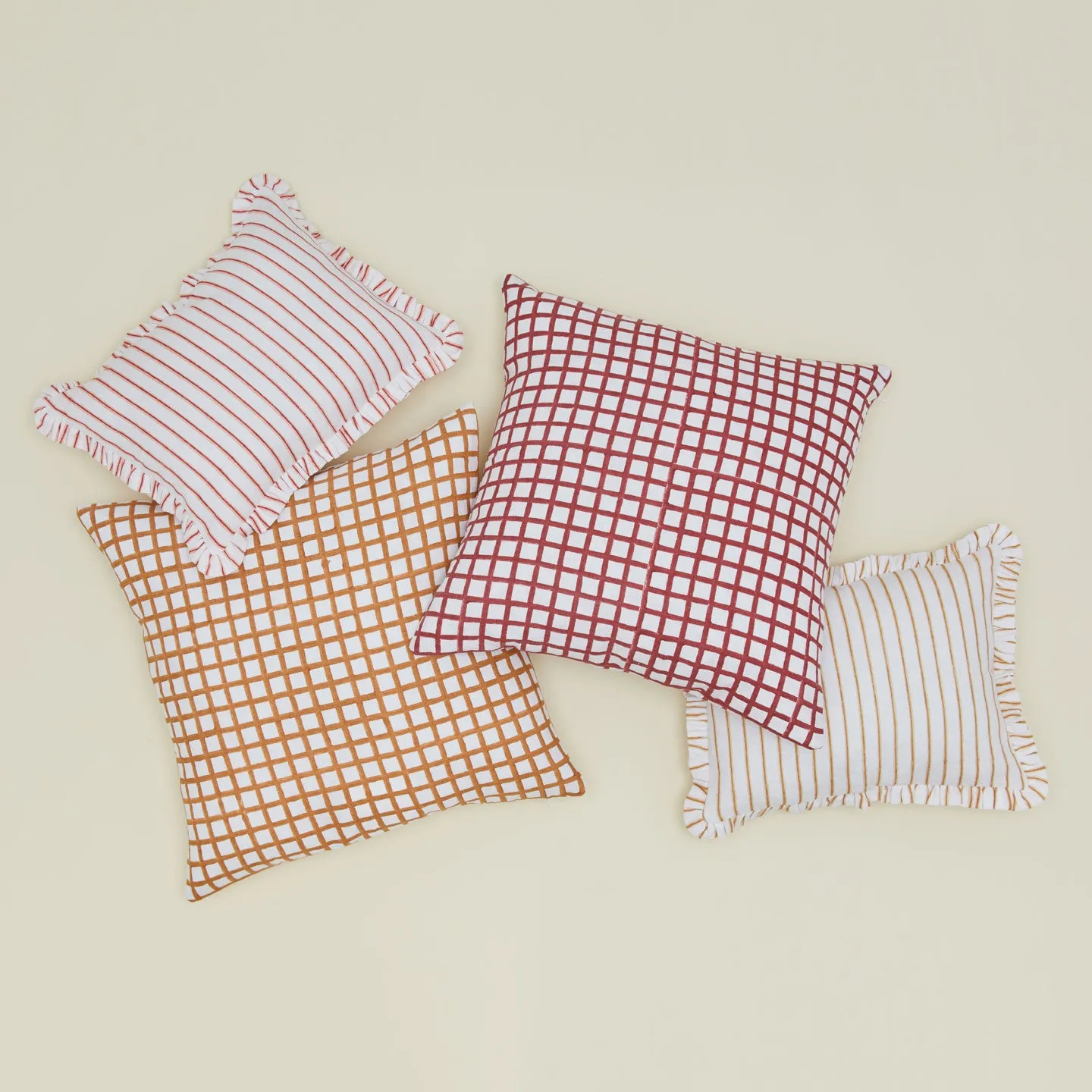 Block Printed Striped Ruffled Pillow Cover - Tan Stripe