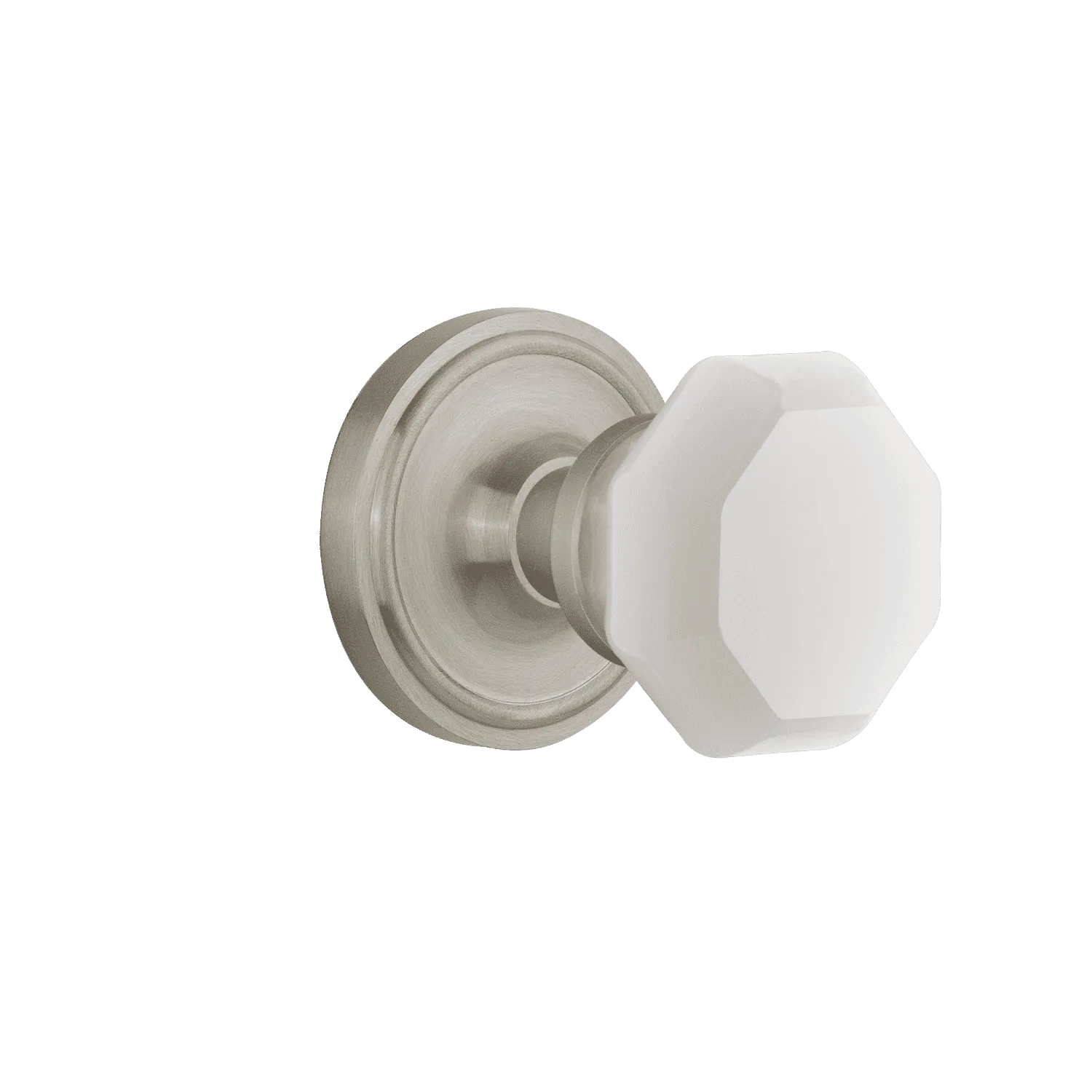 Classic Rosette with White Waldorf Knob in Satin Nickel