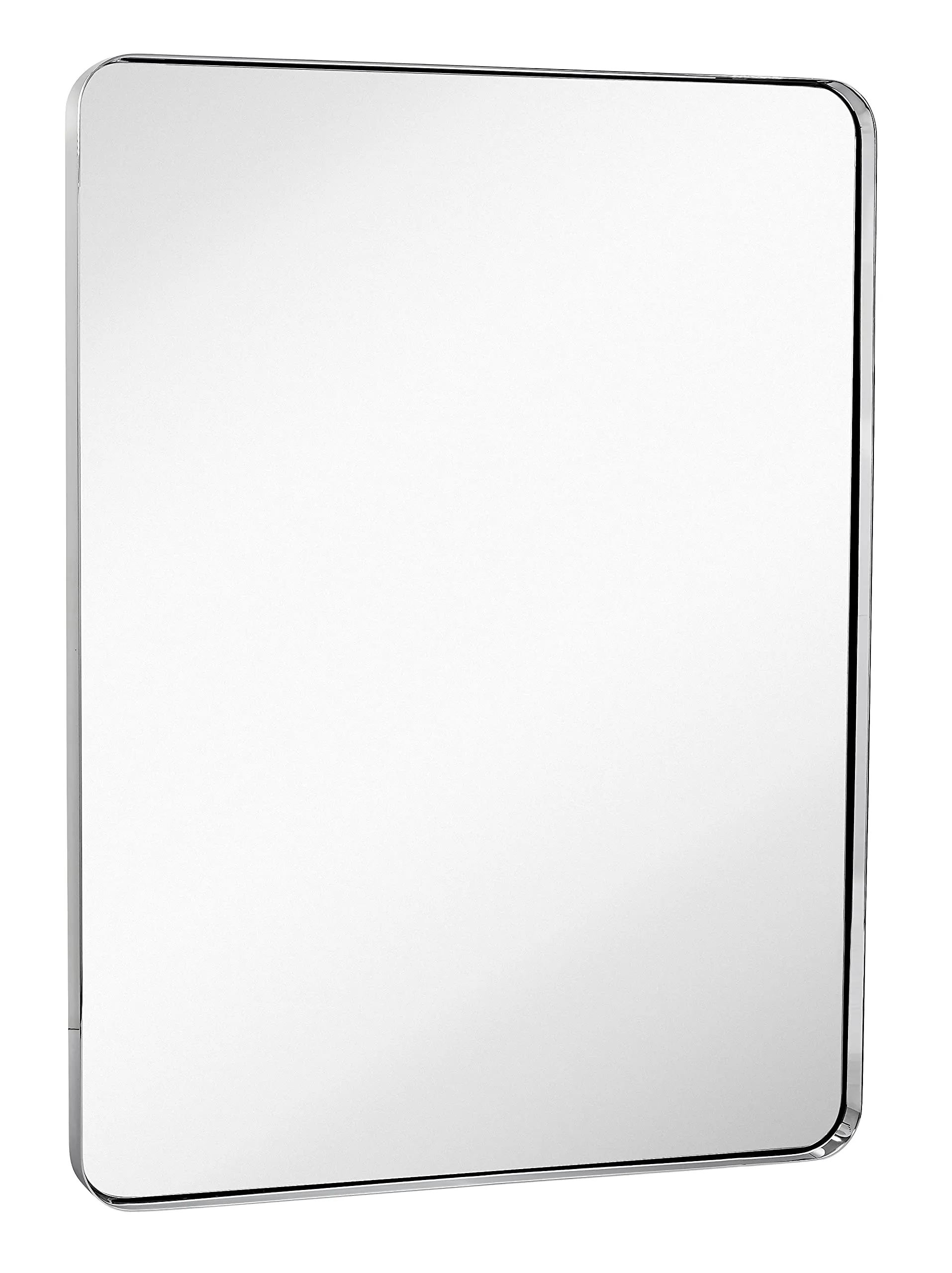 Contemporary Brushed Metal Wall Mirror | Glass Panel Framed Rounded Corner Deep Set