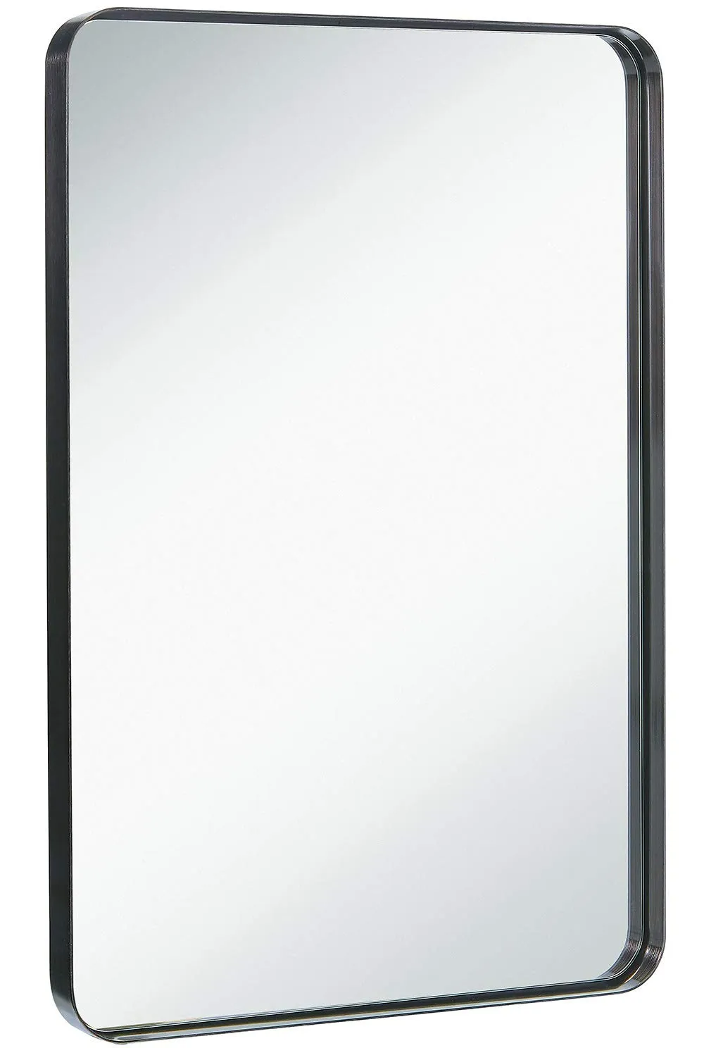 Contemporary Brushed Metal Wall Mirror | Glass Panel Framed Rounded Corner Deep Set