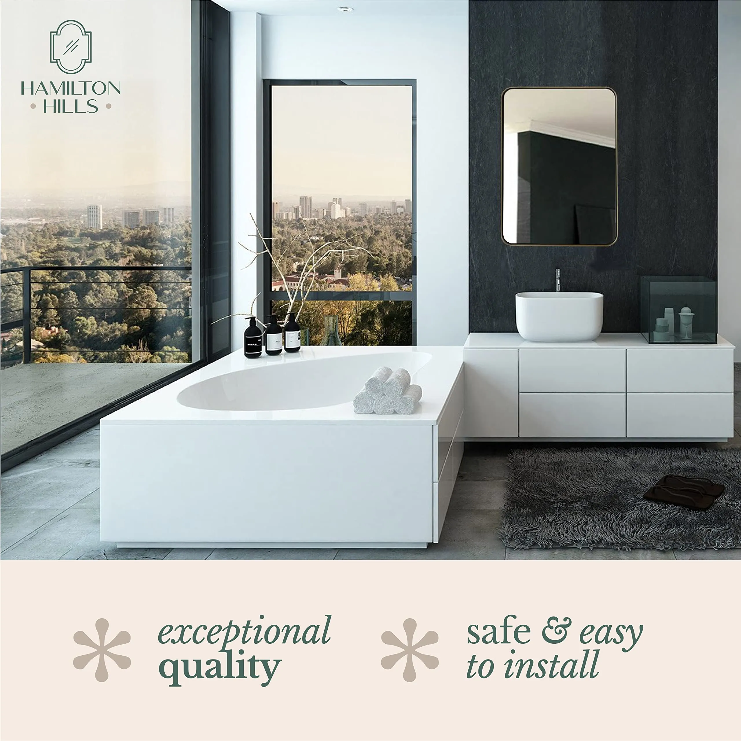 Contemporary Brushed Metal Wall Mirror | Glass Panel Framed Rounded Corner Deep Set