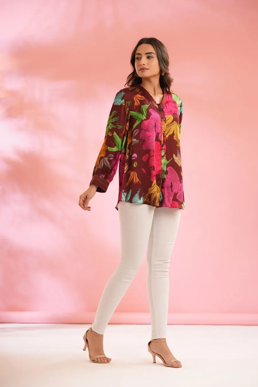Deep Maroon Printed Crepe Silk Top