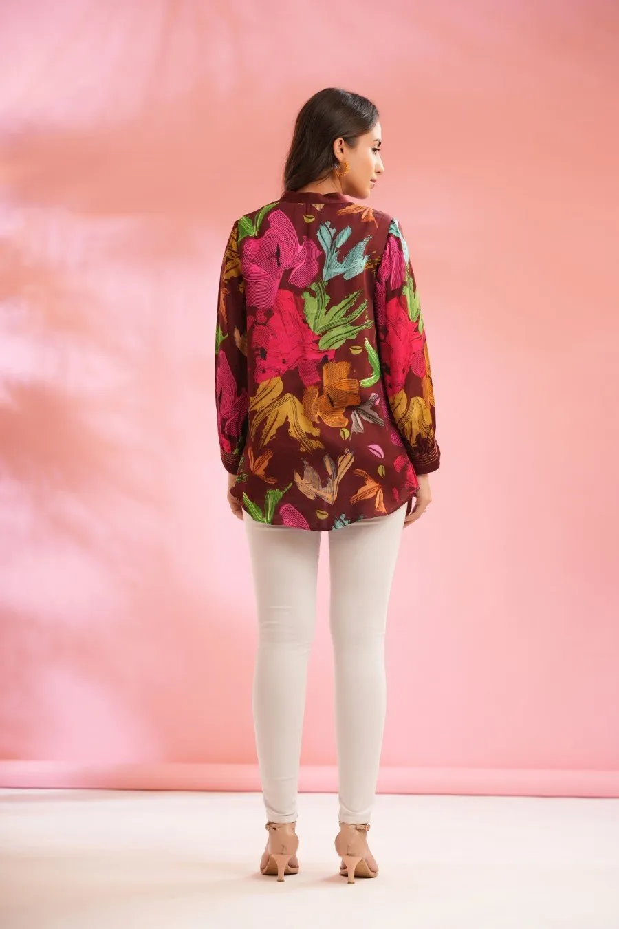 Deep Maroon Printed Crepe Silk Top
