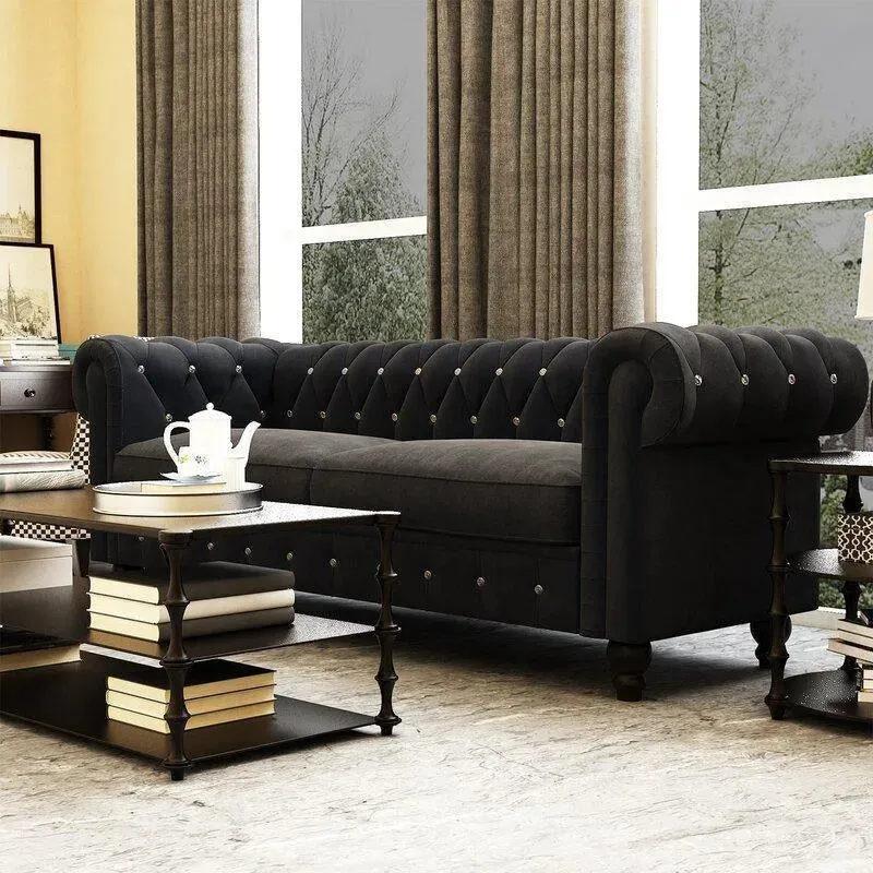 Graceful 3 Seater Velvet Rolled Arm Chesterfield Sofa
