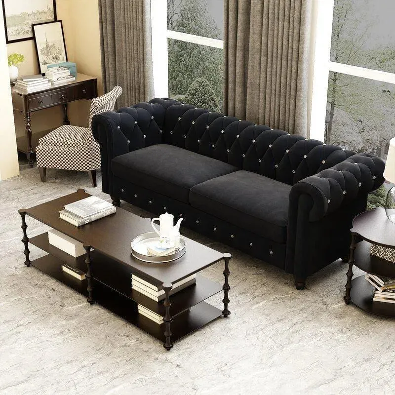 Graceful 3 Seater Velvet Rolled Arm Chesterfield Sofa