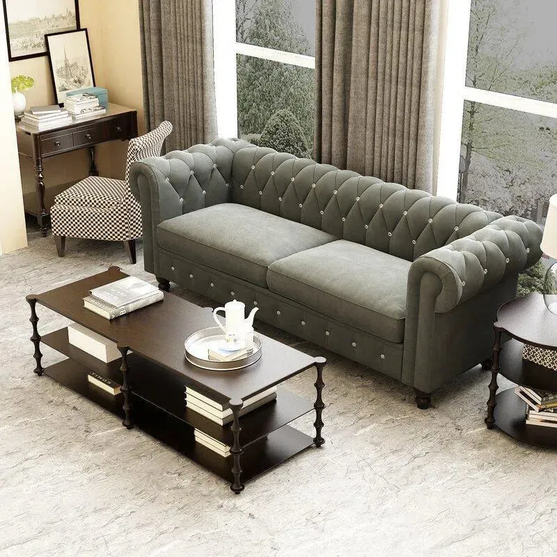 Graceful 3 Seater Velvet Rolled Arm Chesterfield Sofa