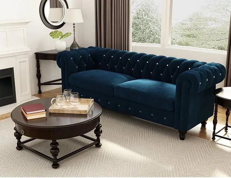 Graceful 3 Seater Velvet Rolled Arm Chesterfield Sofa