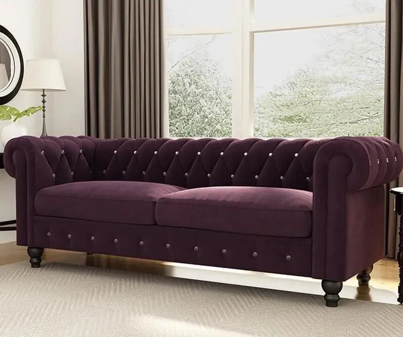 Graceful 3 Seater Velvet Rolled Arm Chesterfield Sofa
