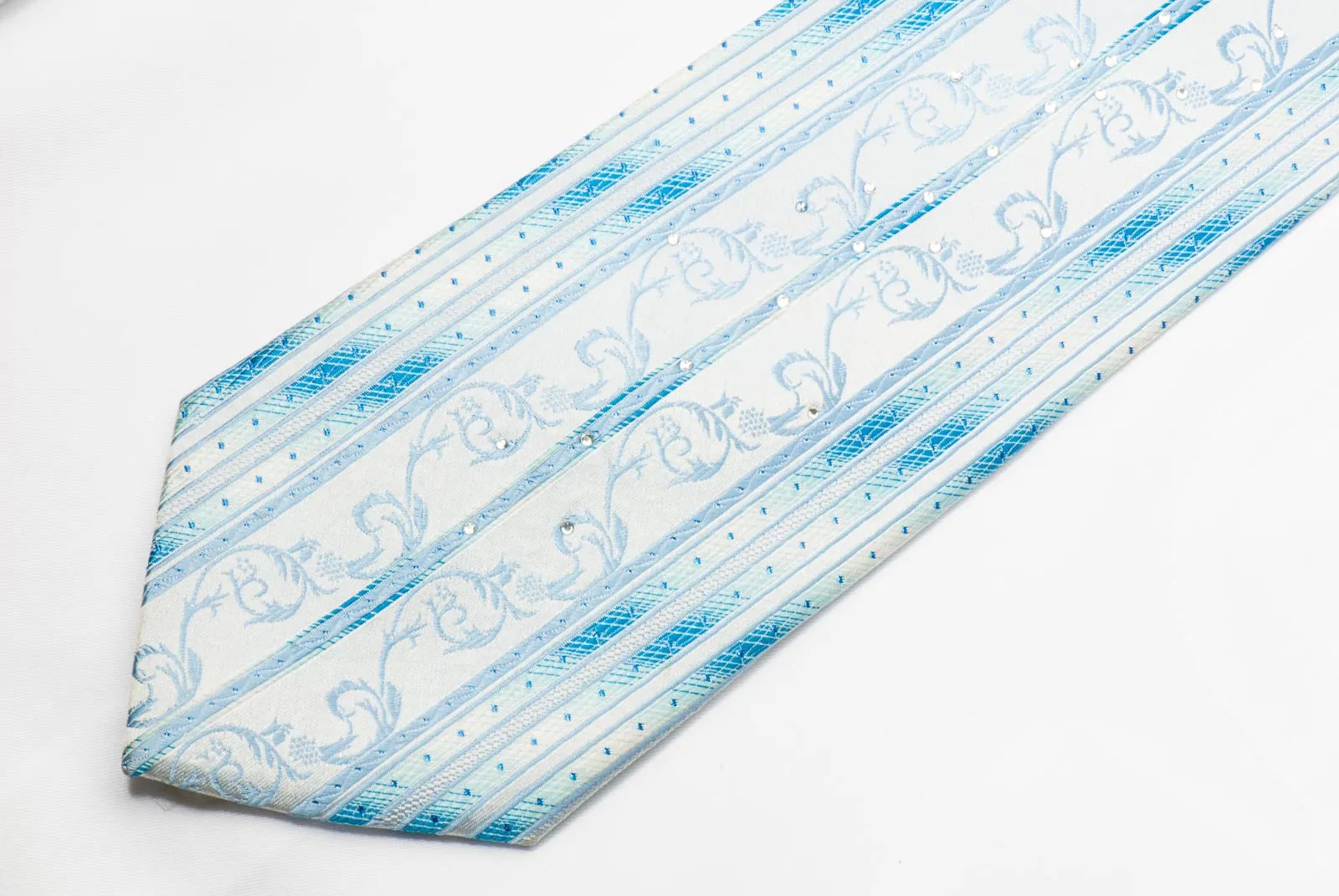 Grang Cia Men's Rhinestone Silk Necktie Blue Stripes & Scrolls With Blue Sparkles