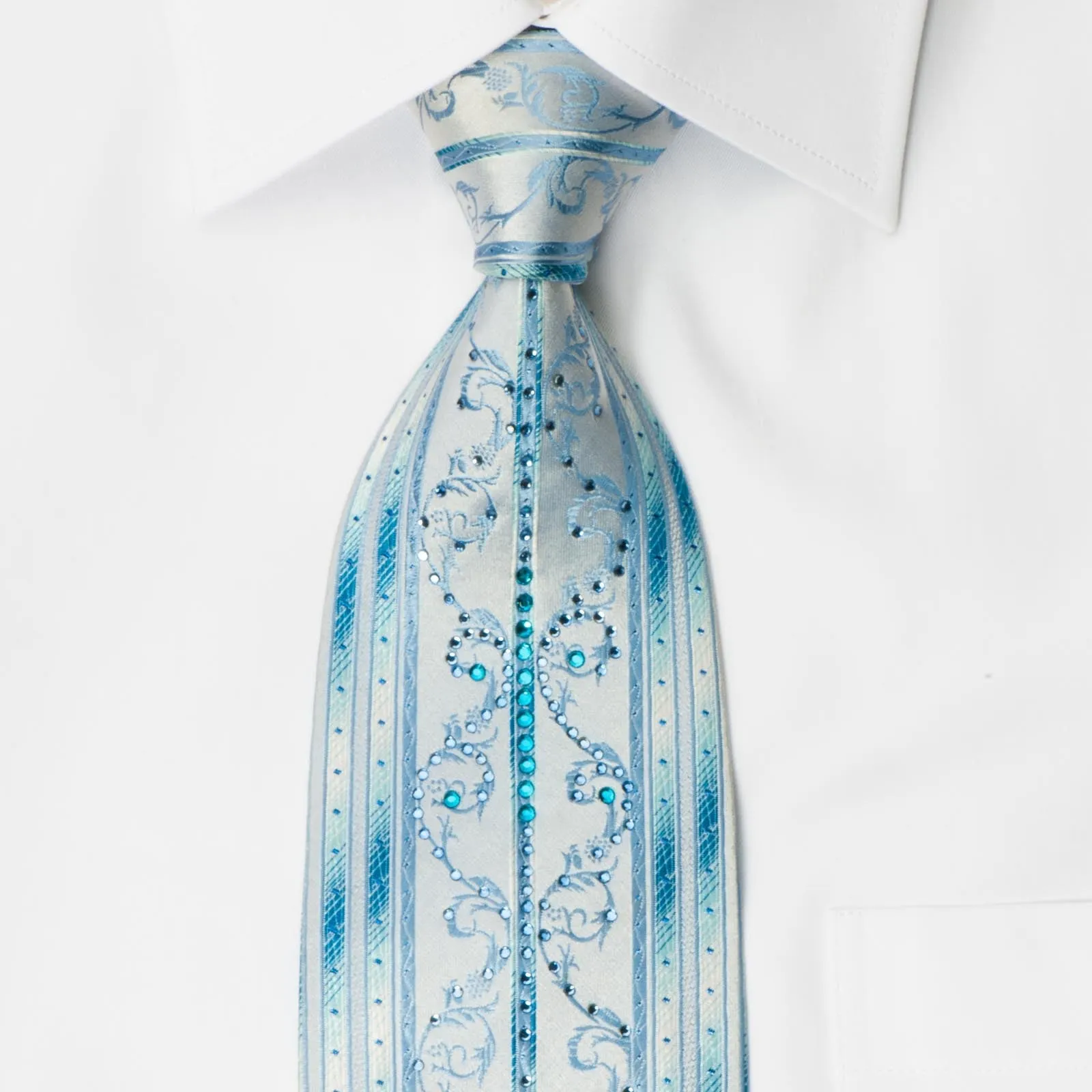 Grang Cia Men's Rhinestone Silk Necktie Blue Stripes & Scrolls With Blue Sparkles