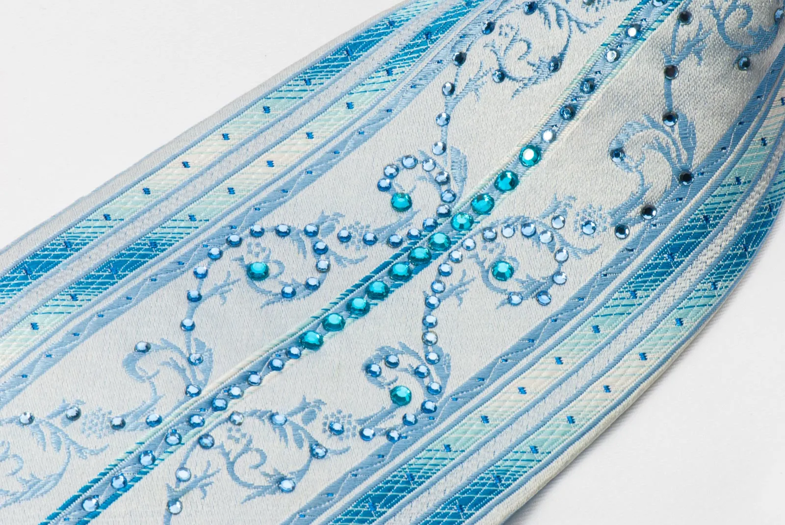 Grang Cia Men's Rhinestone Silk Necktie Blue Stripes & Scrolls With Blue Sparkles