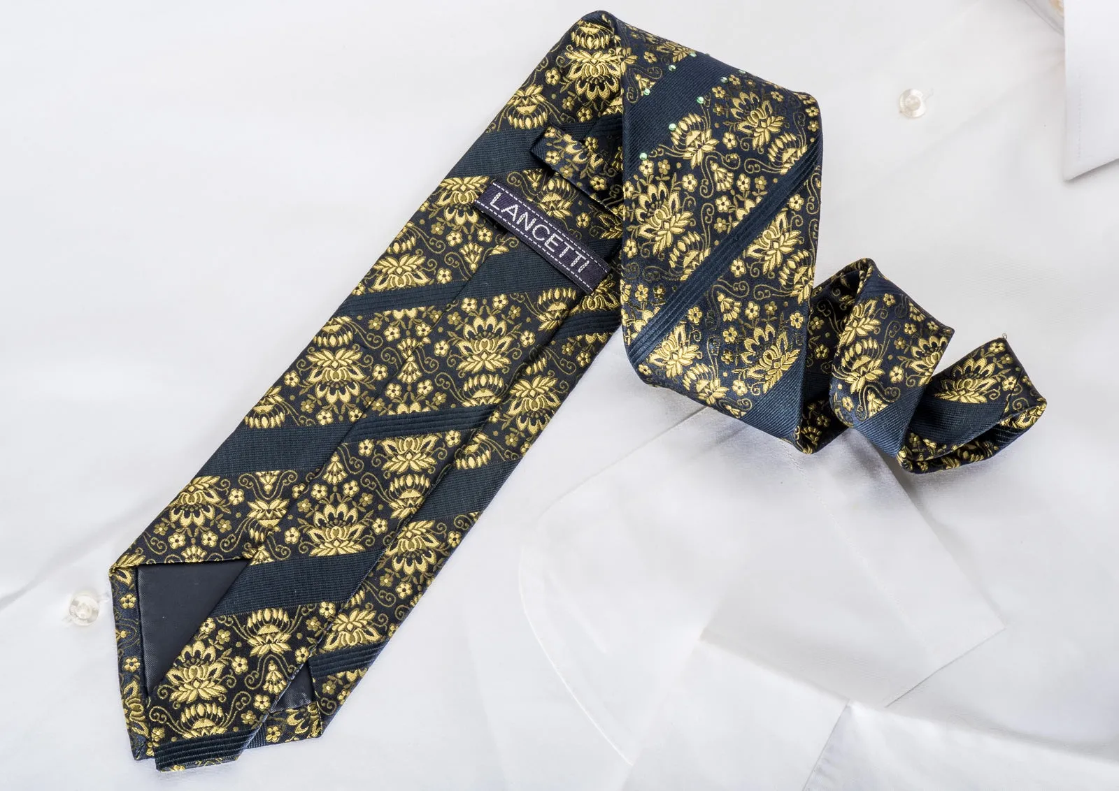 Lancetti Men's Silk Necktie Golden Anthemion On Navy Sparkling With Rhinestones