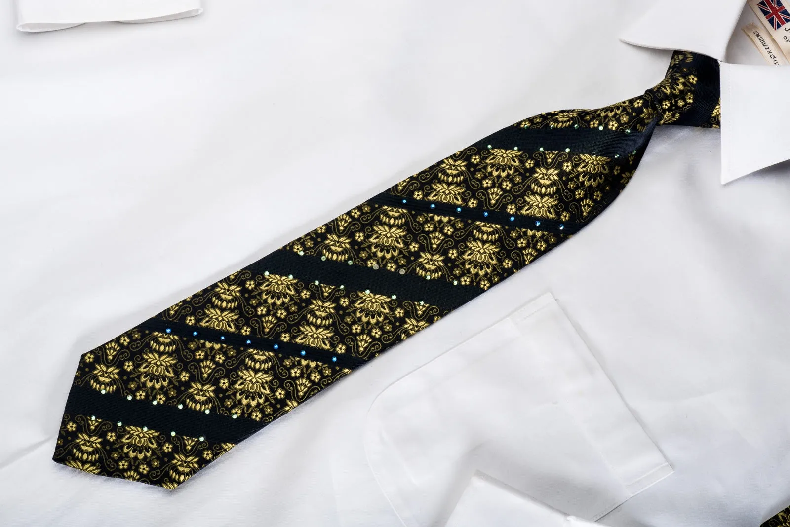 Lancetti Men's Silk Necktie Golden Anthemion On Navy Sparkling With Rhinestones