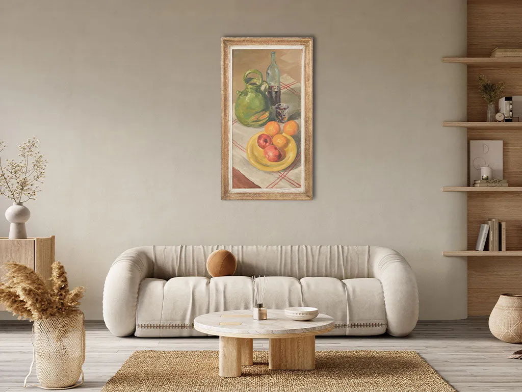 Large Mid-Century Still Life Painting w/ Fruits & Pottery 45¼" x 25½"