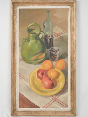 Large Mid-Century Still Life Painting w/ Fruits & Pottery 45¼" x 25½"