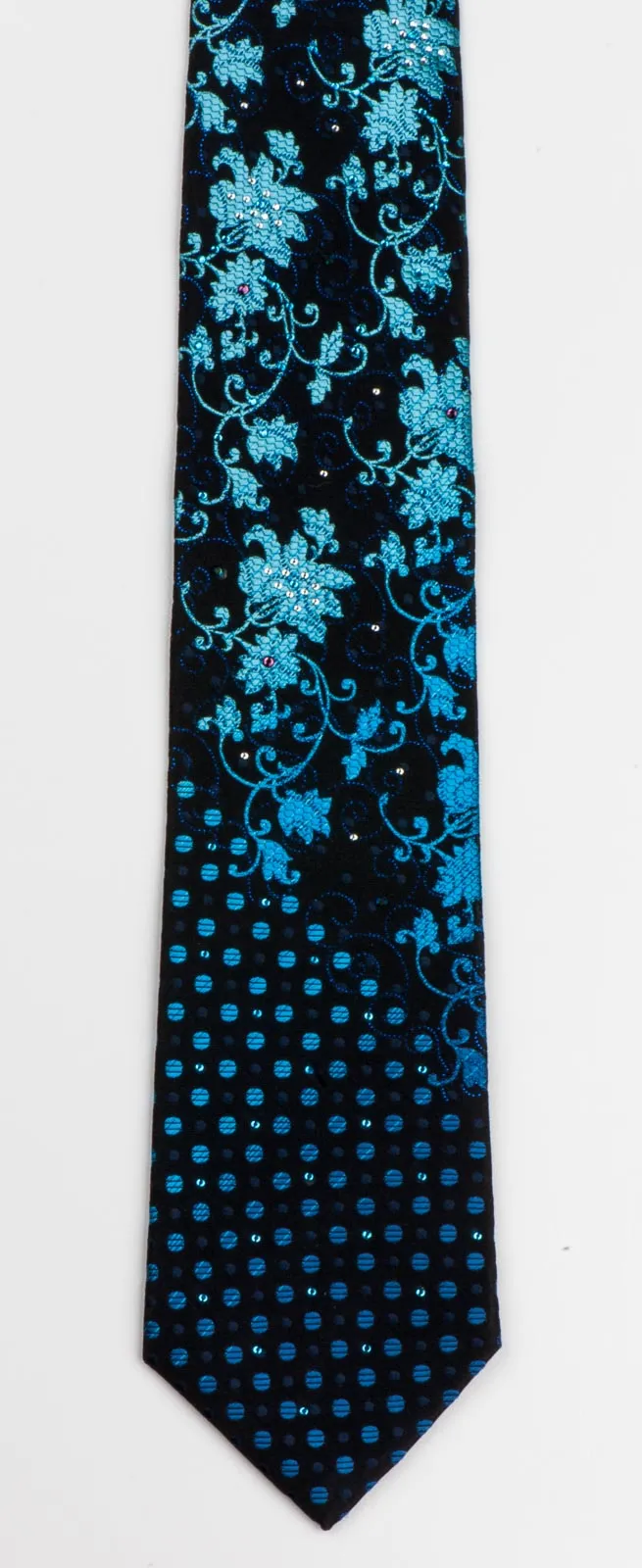 Men's Silk Necktie By Smalto Floral & Spots Design On Blue With Rhinestones