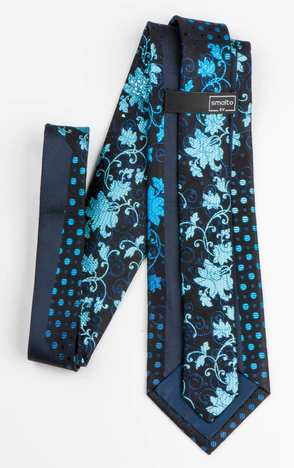 Men's Silk Necktie By Smalto Floral & Spots Design On Blue With Rhinestones