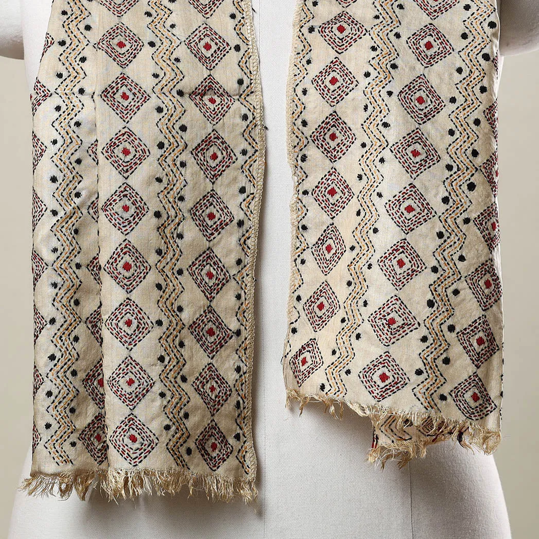 Multicolor - Bengal Kantha Hand Embroidery Munga Silk Handloom Stole 06
