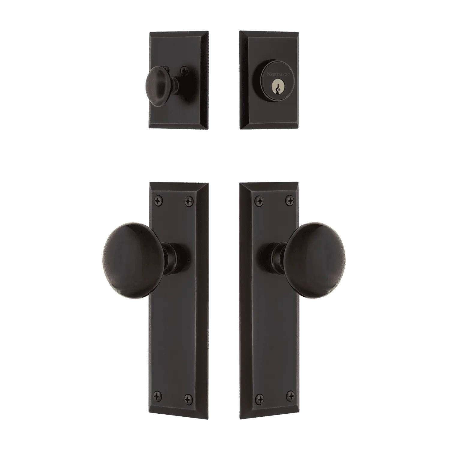 New York Entry Set with Black Porcelain Knob in Timeless Bronze