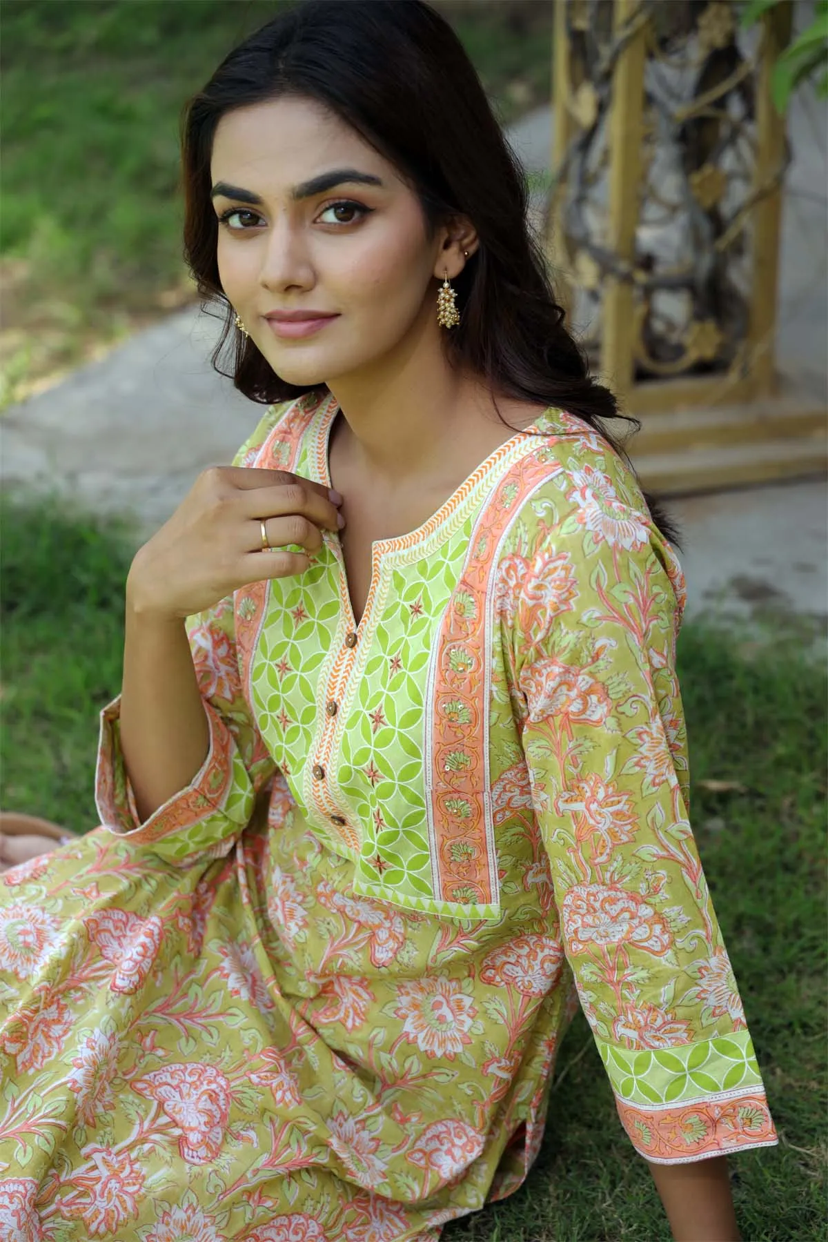 Olive Green Hand Block Kurta In Straight Fit Style