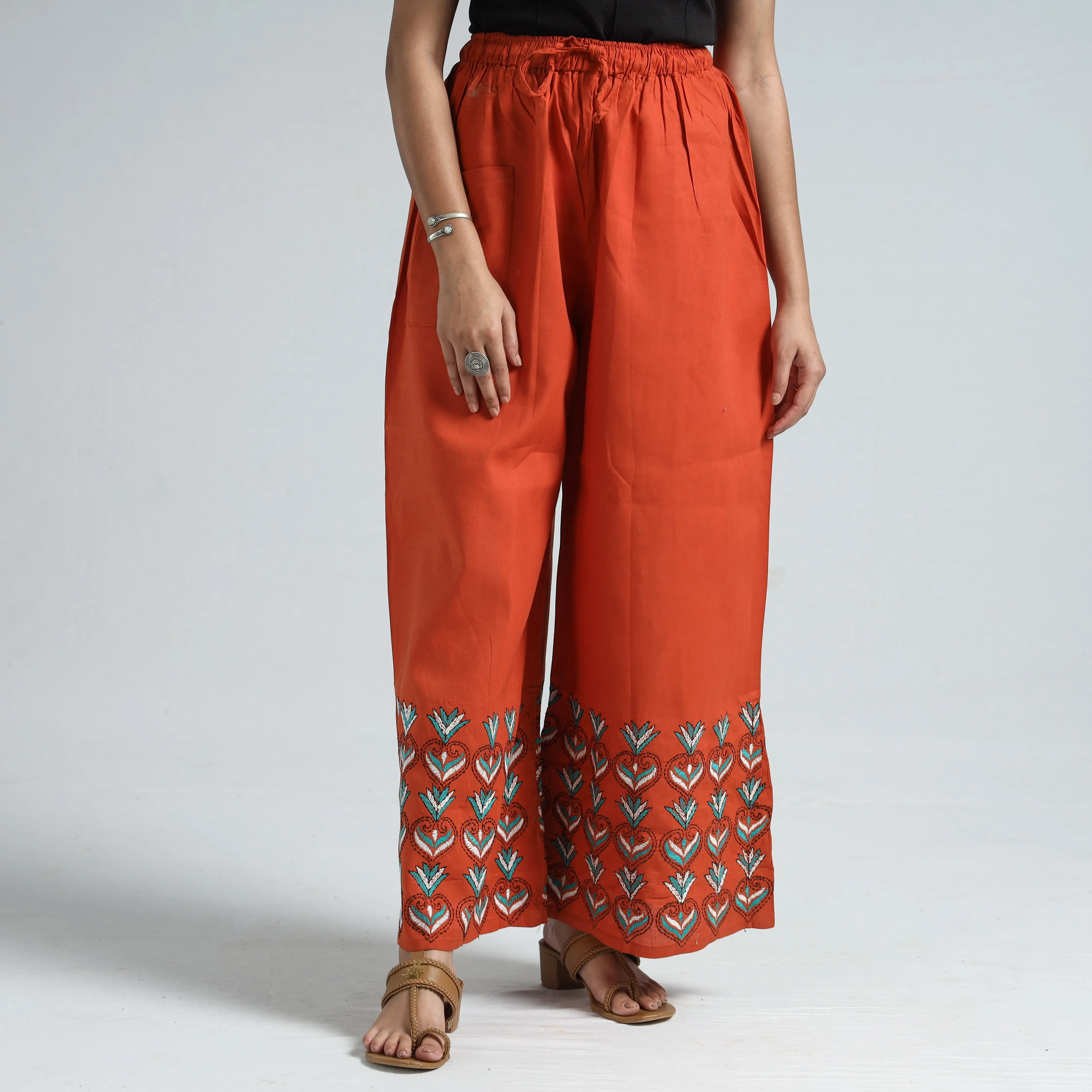Orange - Bengal Kantha Embroidery Cotton Palazzo 102