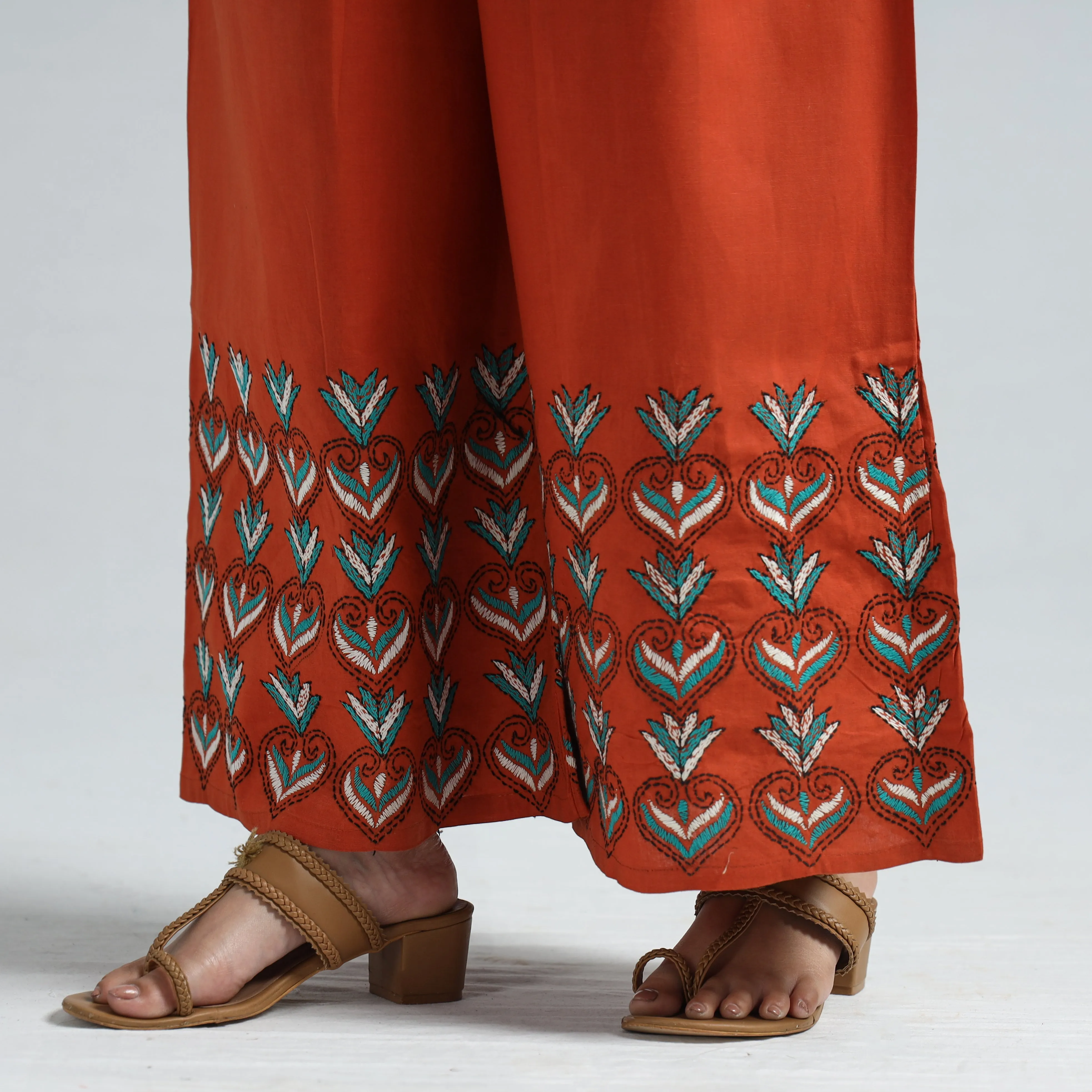 Orange - Bengal Kantha Embroidery Cotton Palazzo 102