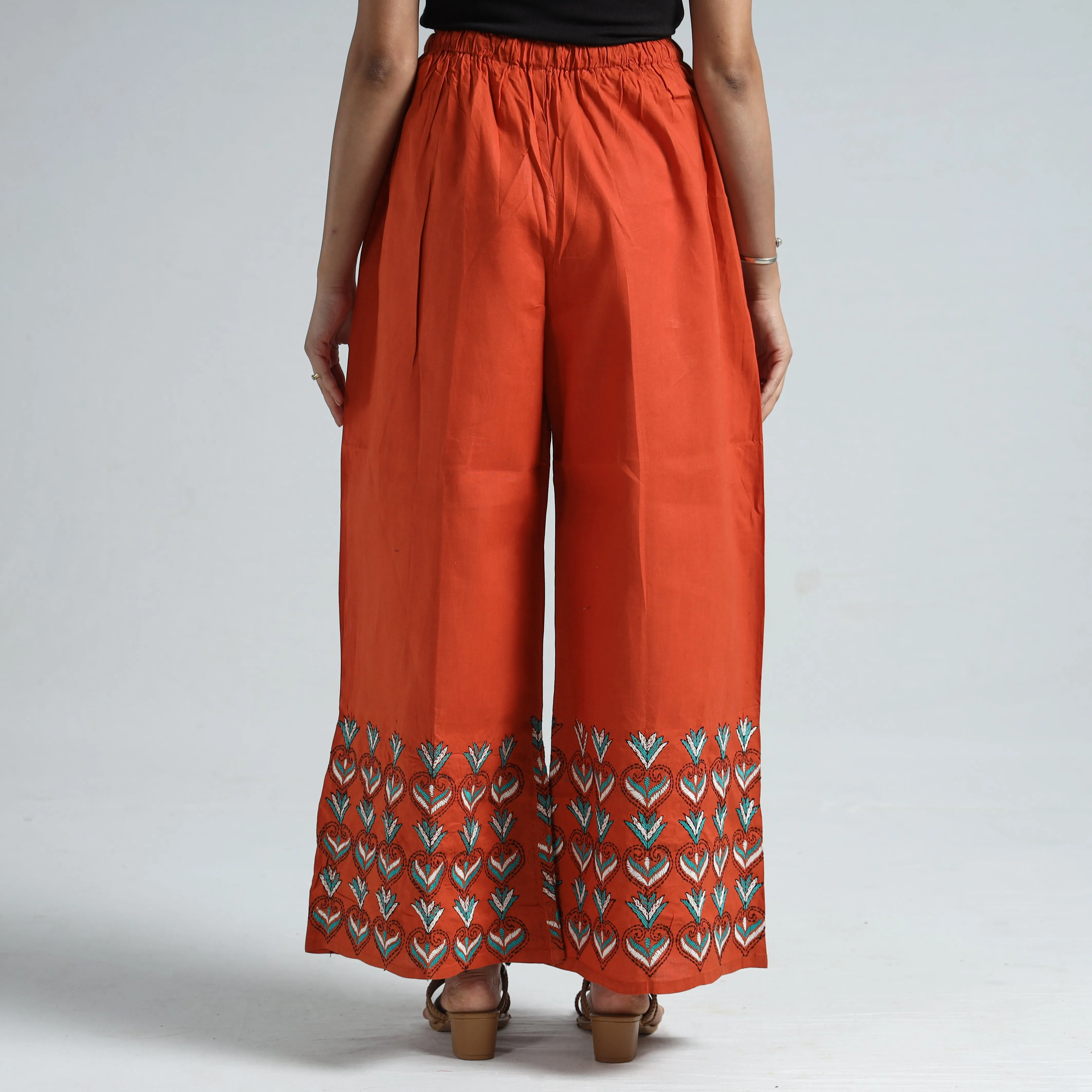 Orange - Bengal Kantha Embroidery Cotton Palazzo 102