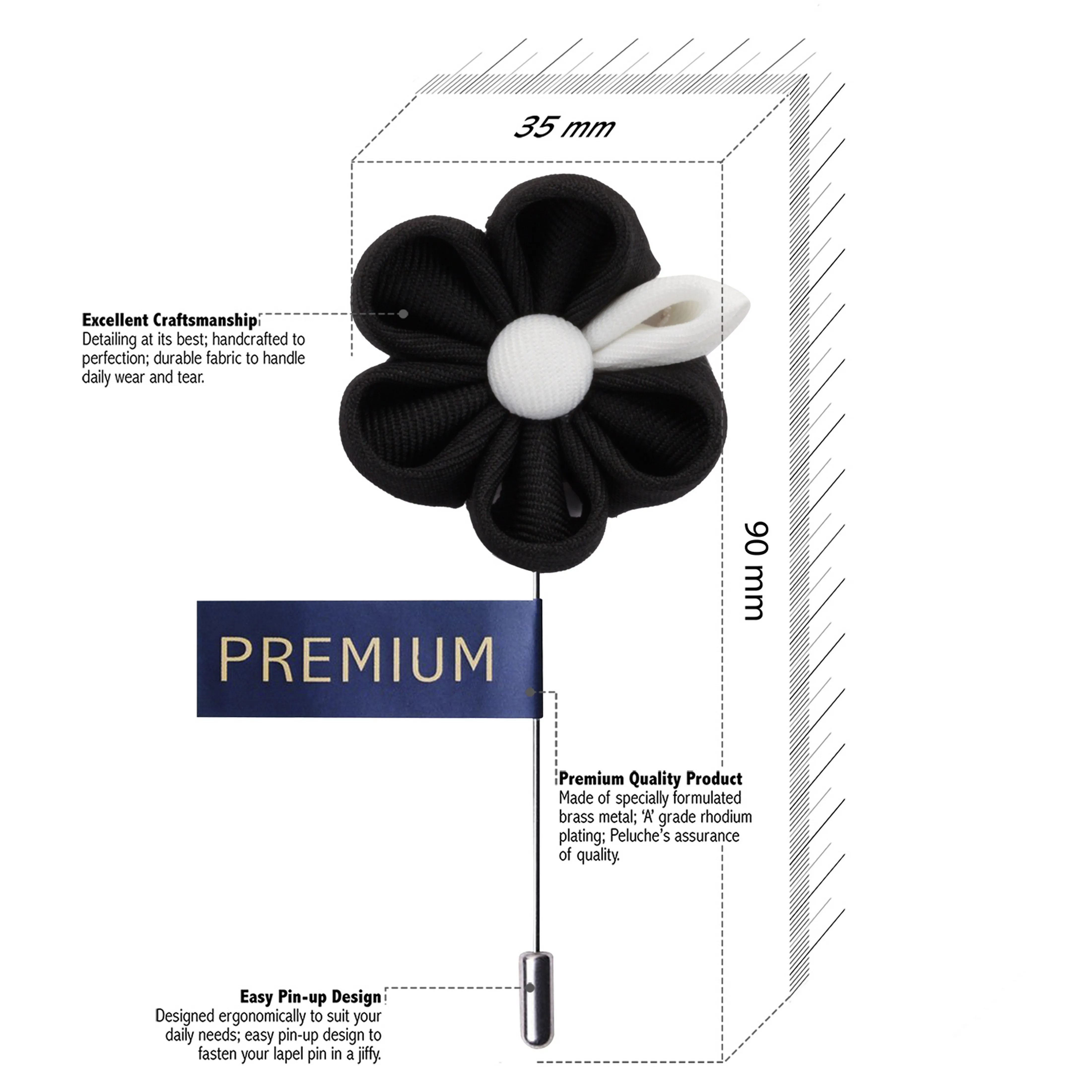 Peluche Dual Shaded Beauty Black & White Colored Brooch / Lapel Pin for Men