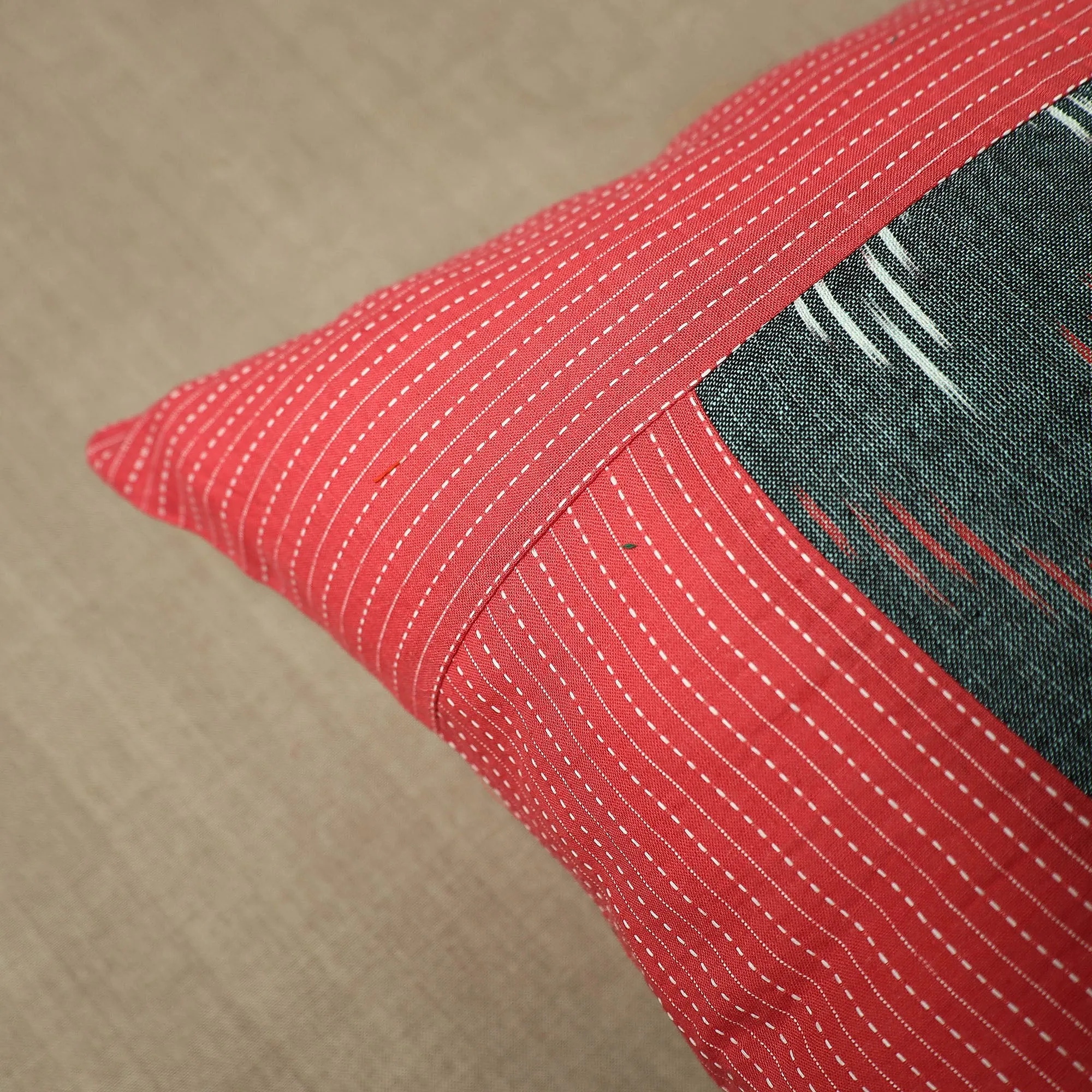 Red - Pure Cotton Kantha Stitch Ikat Cushion Cover (16 x 16 in) 07