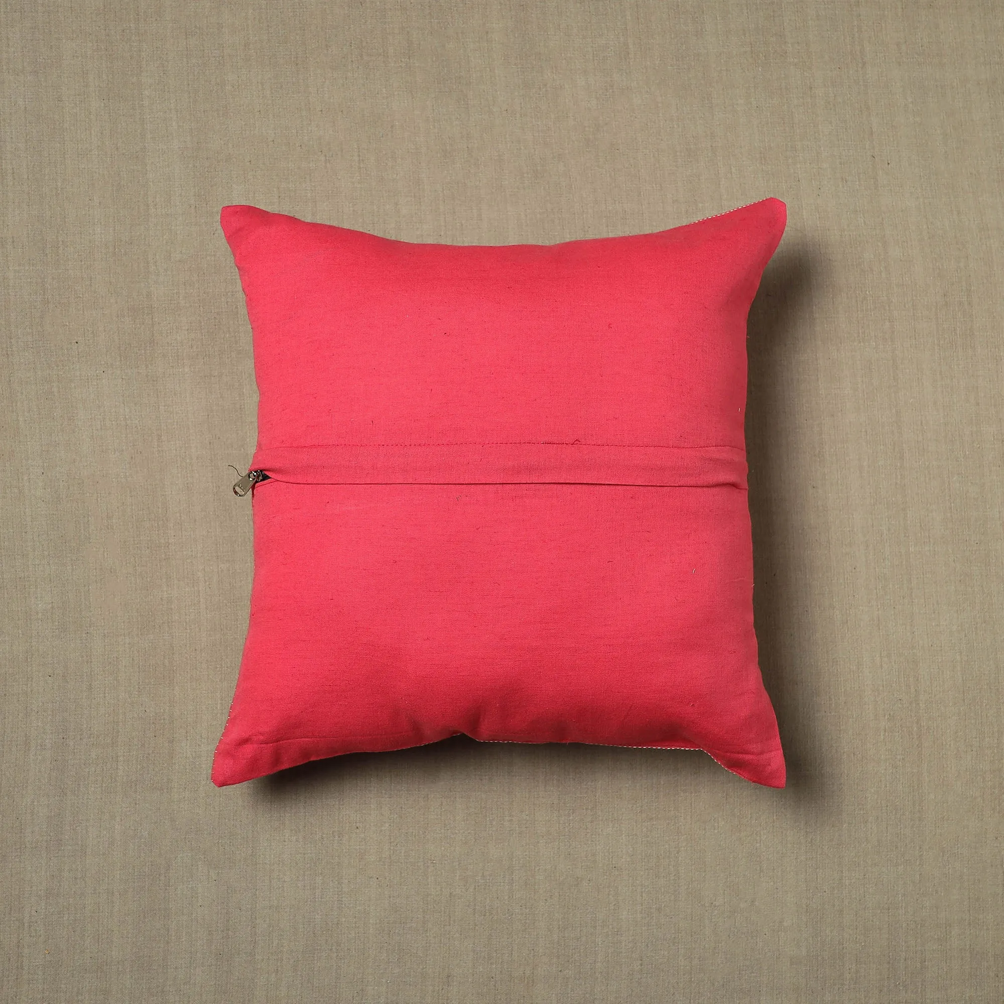 Red - Pure Cotton Kantha Stitch Ikat Cushion Cover (16 x 16 in) 07