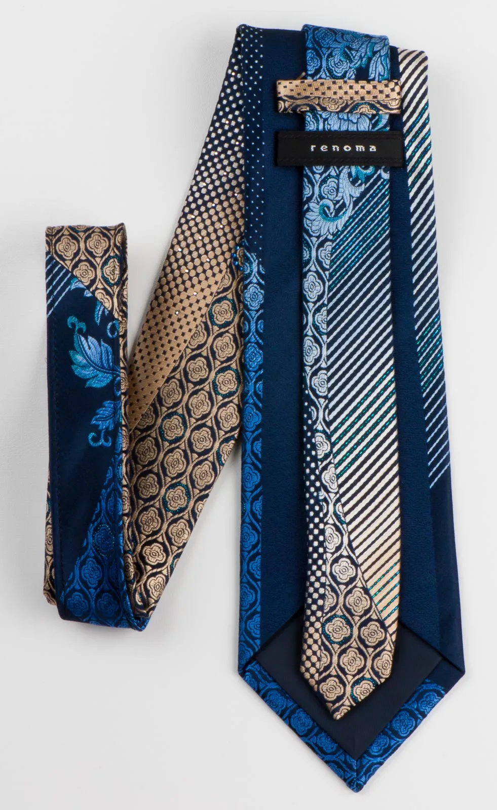 Renoma Men's Silk Rhinestone Tie Blue & Gold Floral Design On Navy