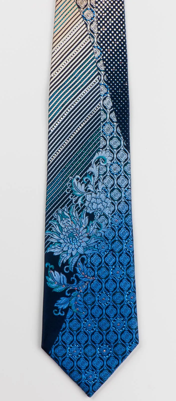 Renoma Men's Silk Rhinestone Tie Blue & Gold Floral Design On Navy