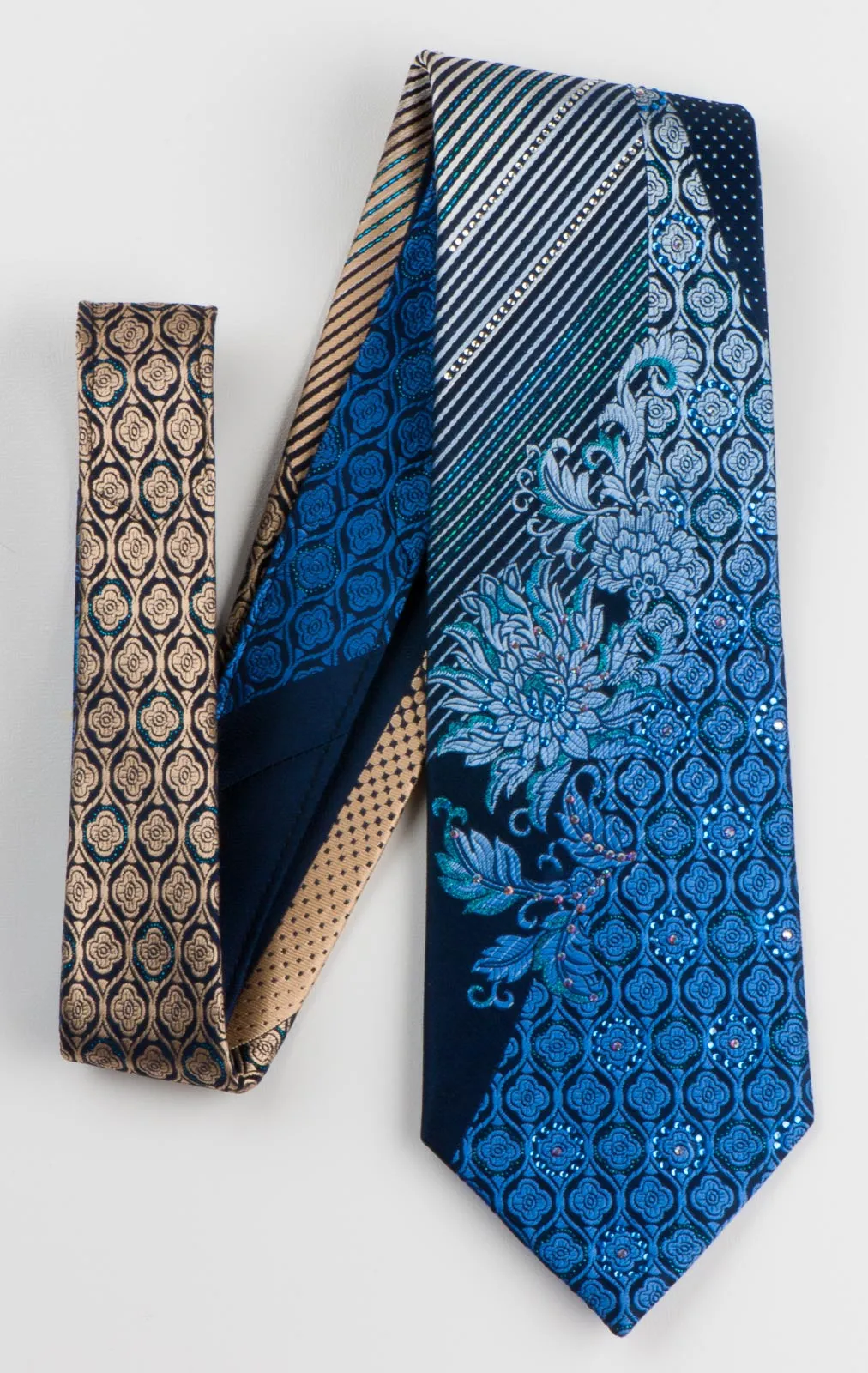 Renoma Men's Silk Rhinestone Tie Blue & Gold Floral Design On Navy
