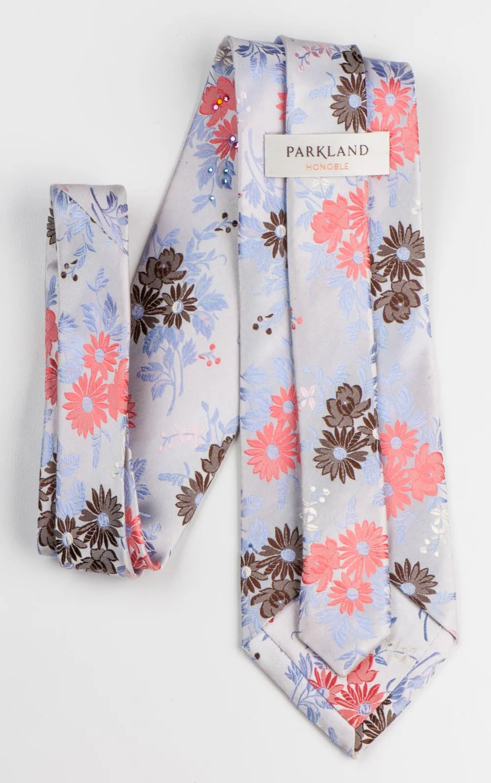 Rhinestone Silk Tie By Park Land Floral Design On Light Blue Classic 3 1/2 Inch