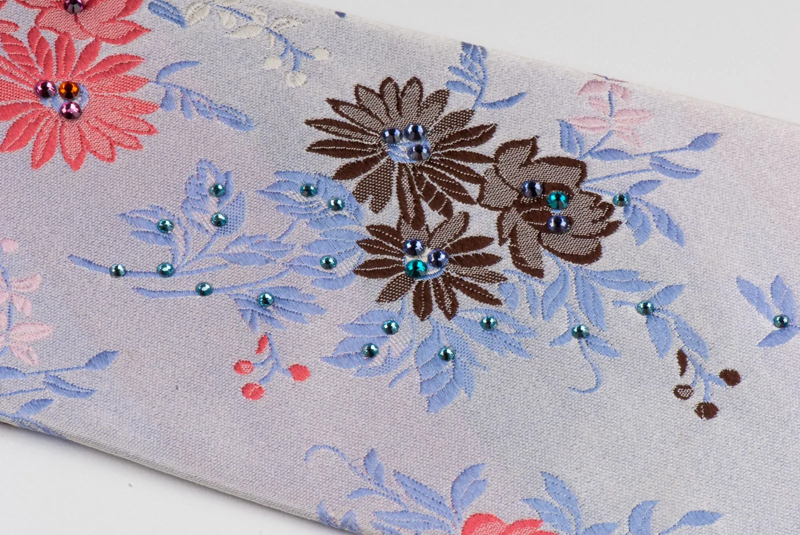 Rhinestone Silk Tie By Park Land Floral Design On Light Blue Classic 3 1/2 Inch