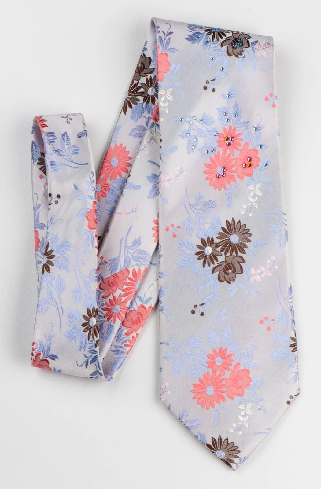 Rhinestone Silk Tie By Park Land Floral Design On Light Blue Classic 3 1/2 Inch
