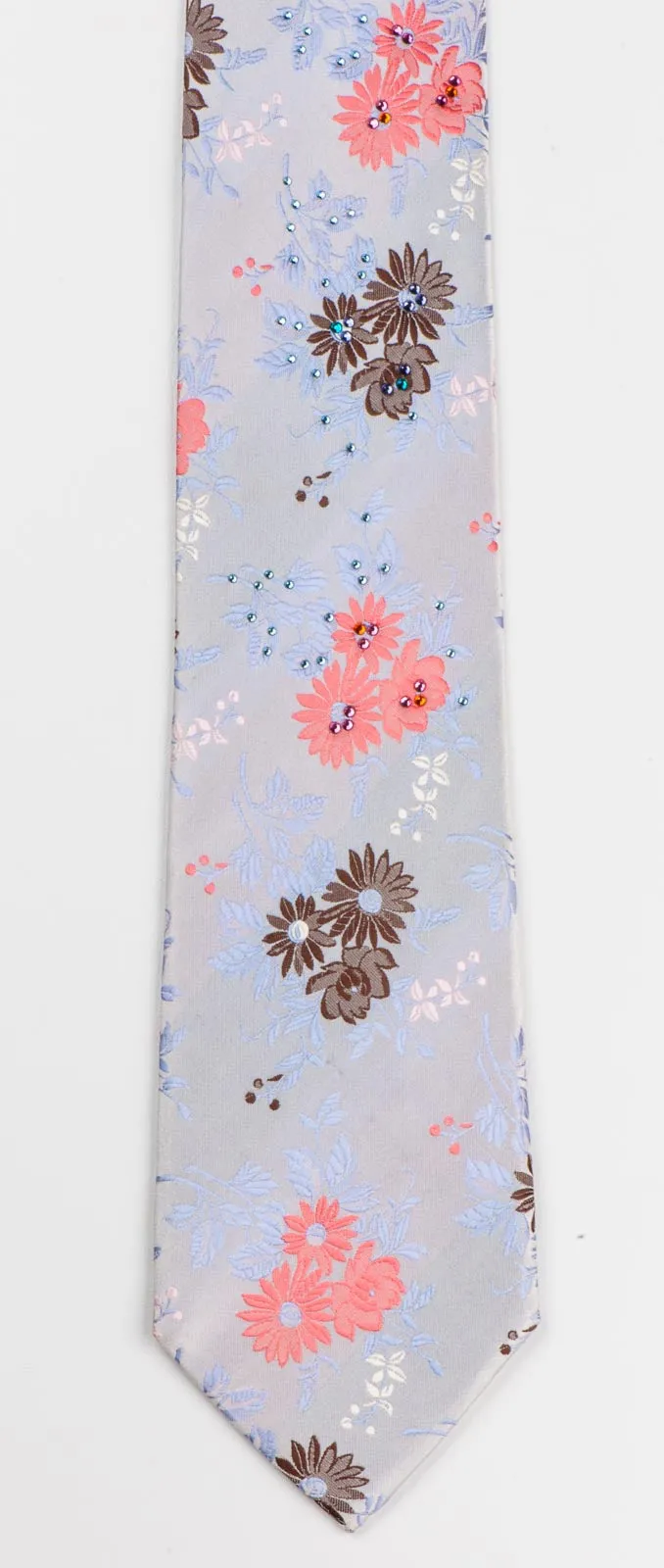 Rhinestone Silk Tie By Park Land Floral Design On Light Blue Classic 3 1/2 Inch