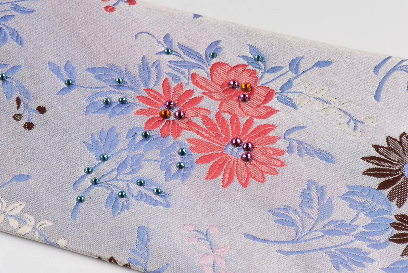 Rhinestone Silk Tie By Park Land Floral Design On Light Blue Classic 3 1/2 Inch