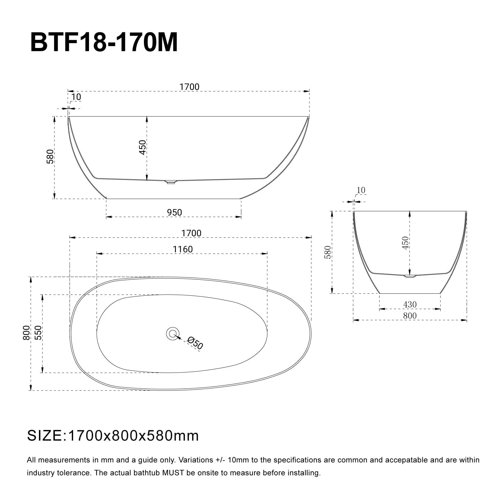 RUBI 1700mm Egg Shape Oval Freestanding Bath Matte White
