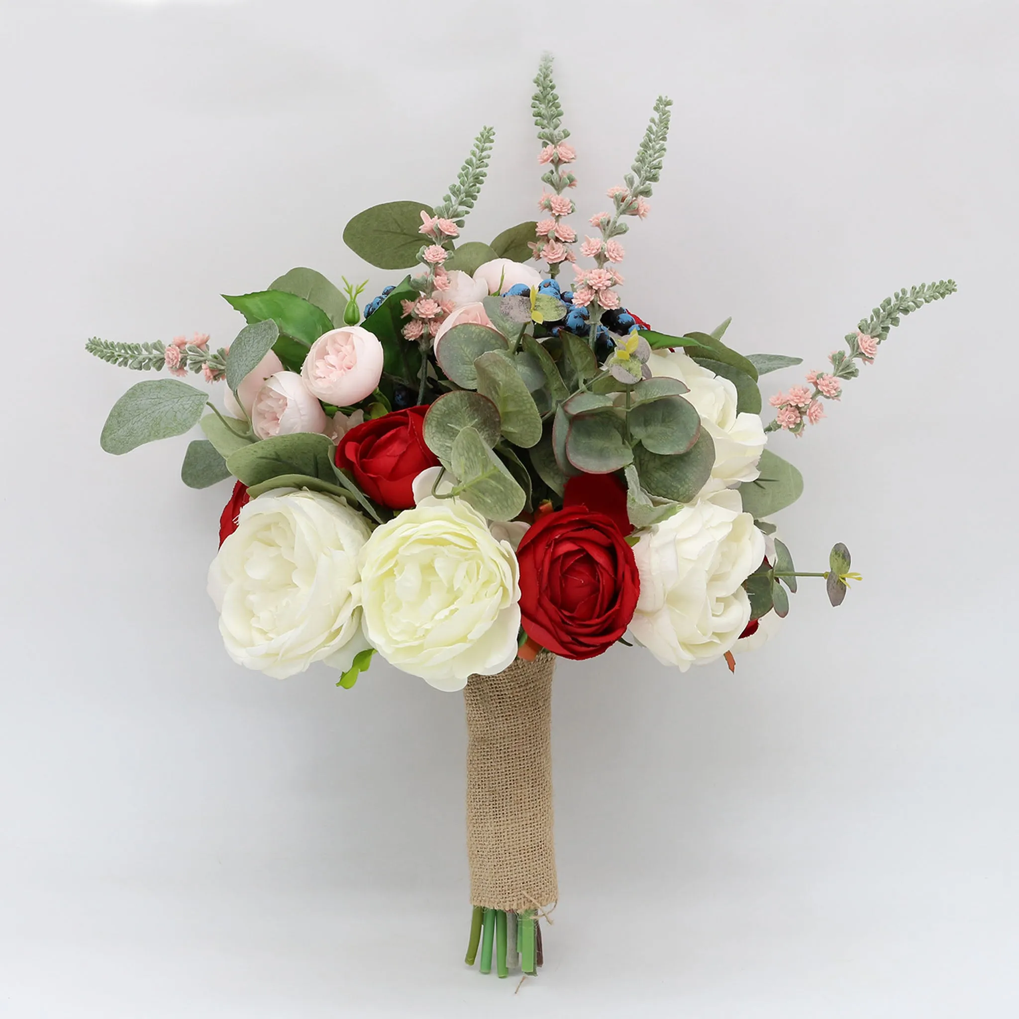 Rustic Wedding Bouquet Red White Roses Peony Artificial Bridal Bouquet